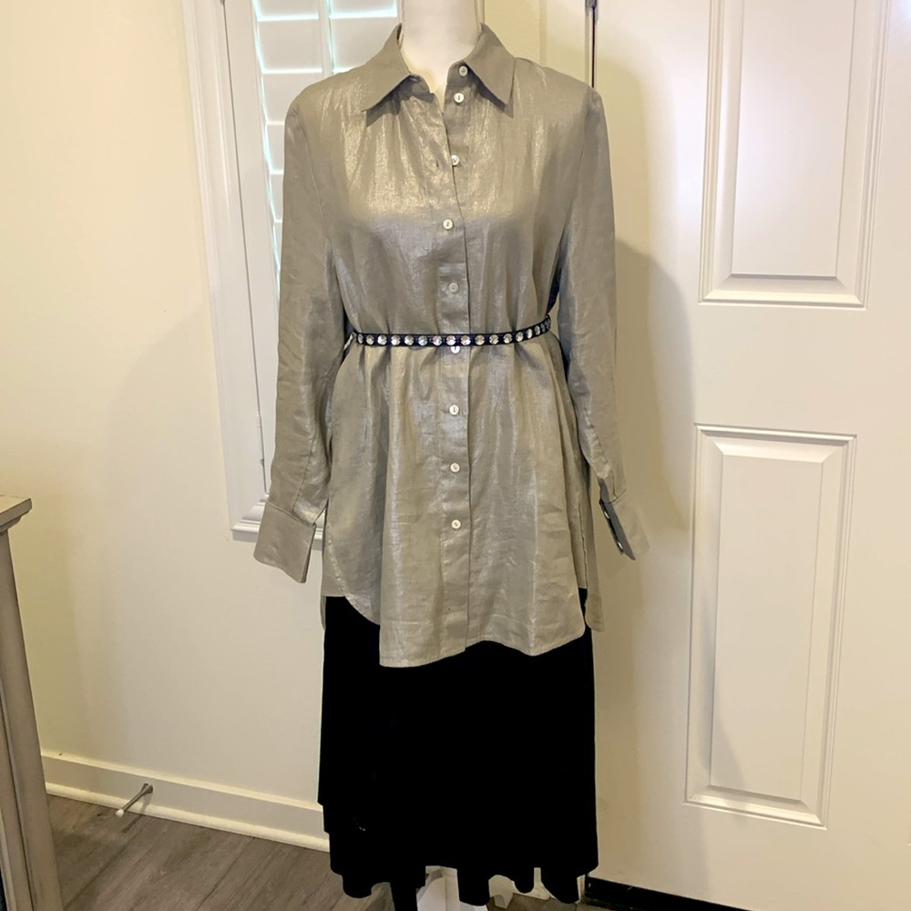 COS 100% linen a-line button down long shirt in shimmery grey size 8